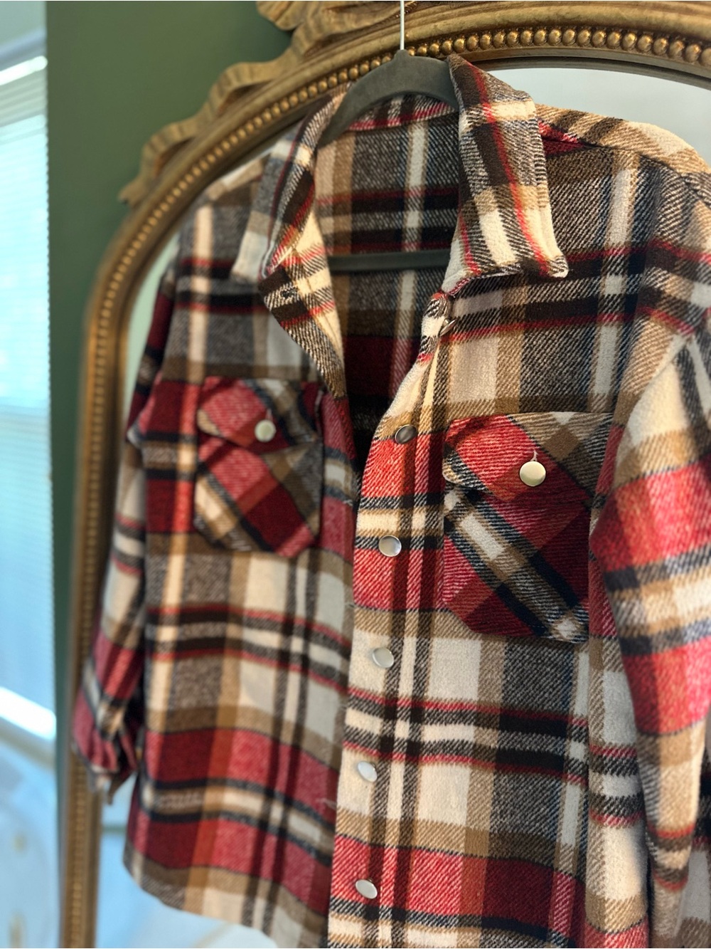 Plaid Button-Front Shacket Jacket - Red Multi - Picture 2 of 3